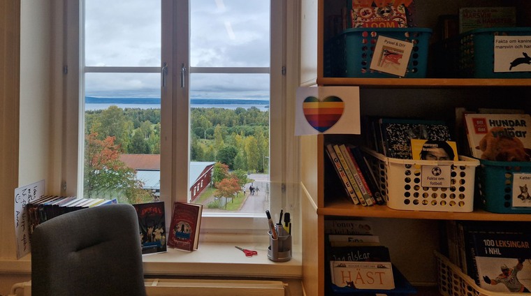 Biblioteket på Tällbergs skola med utsikt över Siljan